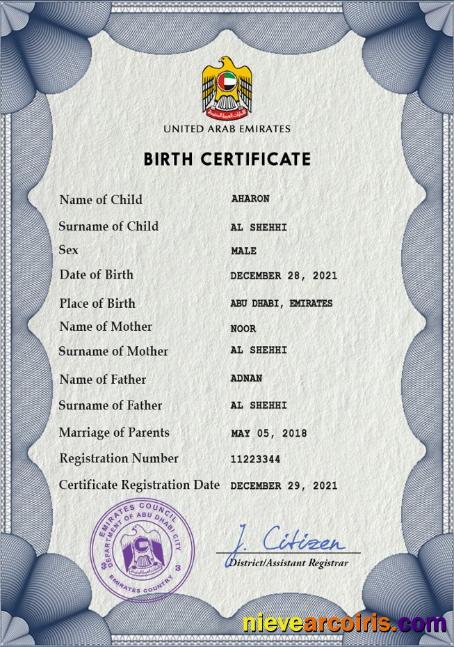 UAE vital record birth certificate